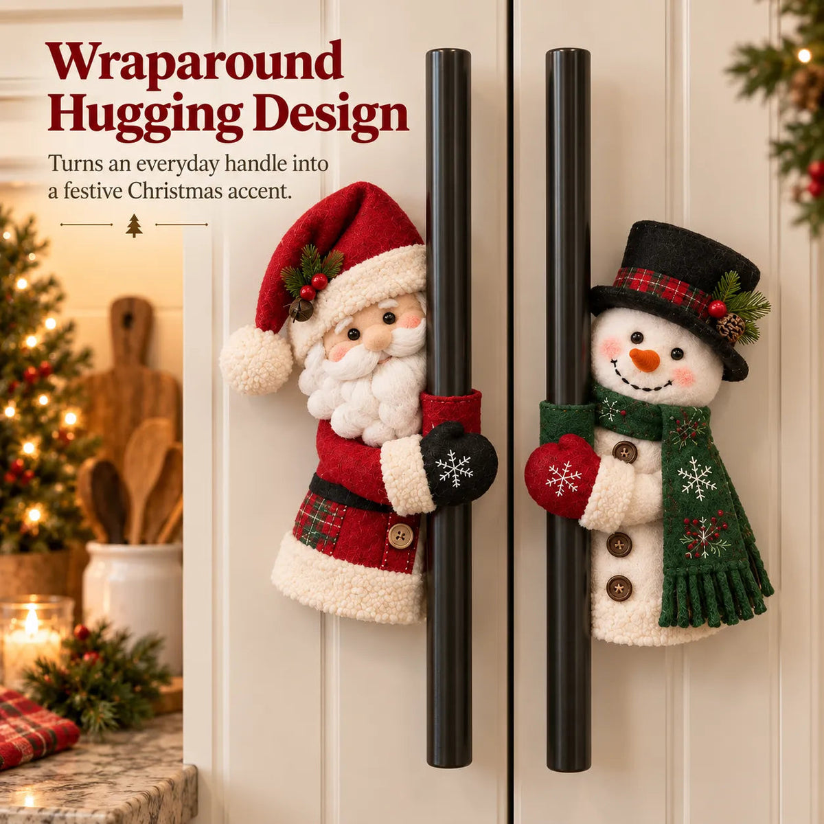 Santa & Snowman Christmas Handle Huggers Set  Festive Holiday Decor for Fridge & Cabinet Handles