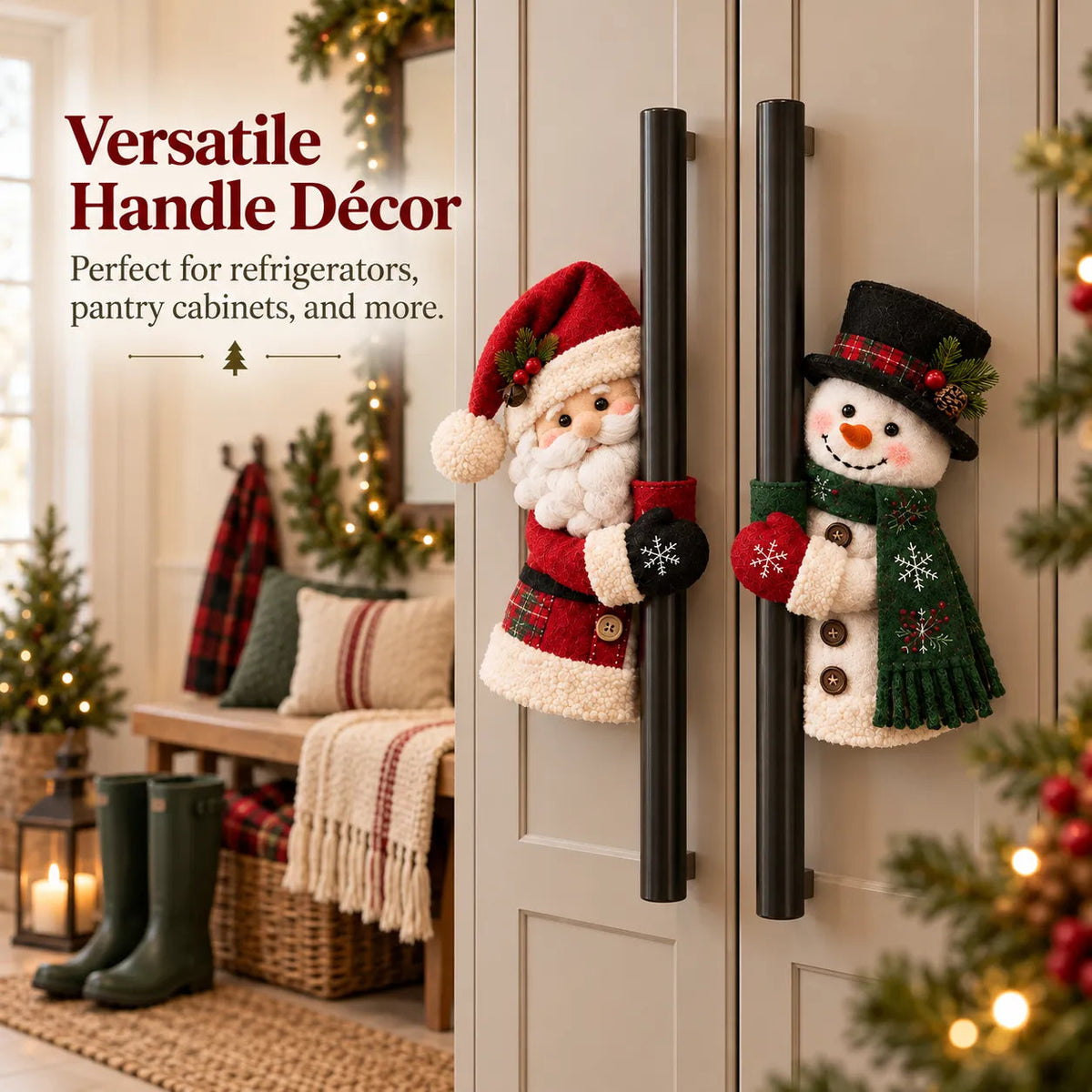 Santa & Snowman Christmas Handle Huggers Set  Festive Holiday Decor for Fridge & Cabinet Handles